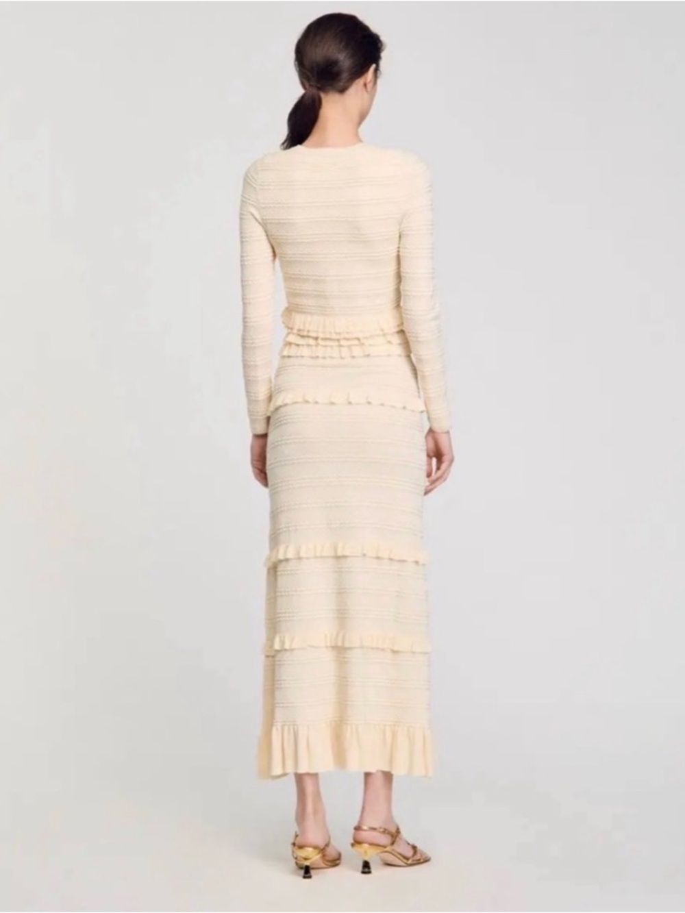 Sandro set Cream Knit Maxi Dress and Cardigan with Tiered Ruffle Panels - Picture 3 of 7